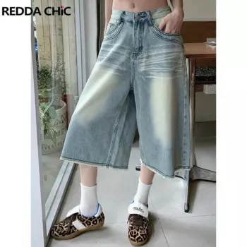 Женские джинсовые шорты ReddaChic с широкими штанинами, потертые прямые с высокой талией, мешковатые шорты, летняя винтажная уличная одежда