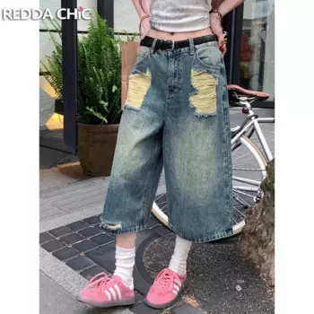 Женские джинсовые шорты ReddaChic в стиле оверсайз, винтажные рваные мешковатые джинсы с потертостями, с завышенной талией, модная уличная одежда в Корейском стиле, Y2k