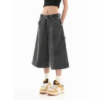 Женские джинсовые шорты, винтажные прямые укороченные брюки с завышенной талией Y2K, черные, серые брюки с широкими штанинами, мешковатые джинсовые шорты, женские летние