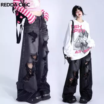 Женские джинсы-багги ReddaChic, потертые брюки из денима с высокой посадкой, с потертостями, с широкими штанинами, стиль гранж, Y2k, уличная одежда