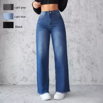 Женские джинсы большого размера, синие повседневные Модные темпераментные неэластичные прямые джинсы с широкими штанинами для женщин