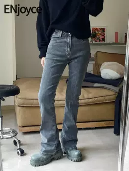 Женские джинсы-клеш ENjoyce, винтажные облегающие джинсы с низкой талией, уличная одежда в Корейском стиле, Y2K, Осень-зима, джинсы женские с высокой талией
