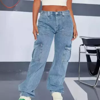 Женские джинсы на пуговицах большого размера, ярко-синие прямые штаны, удобные повседневные женские рабочие брюки