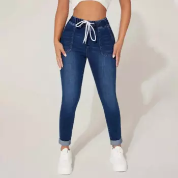 Женские джинсы на шнуровке, эластичная талия, облегающие однотонные мягкие дышащие эластичные повседневные брюки с высокой талией и карманами, 9/10