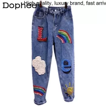 Женские джинсы ручной работы с бусинами и бриллиантами, новинка весны-лета 2023, повседневные мешковатые синие джоггеры с радужными буквами, джинсовые брюки-султанки