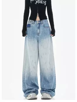 Женские джинсы с царапинами и широкими штанинами, модные синие джинсы с высокой талией для девочек