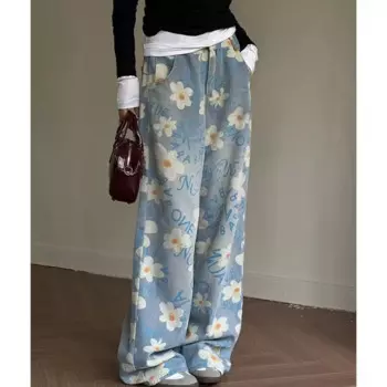Женские джинсы с цветочным принтом и надписью, синие джинсовые брюки с высокой талией, свободные прямые облегающие длинные брюки y2k в Корейском стиле, 3XL