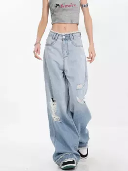 Женские джинсы с градиентом, синие летние джинсы с тонкими дырками, уличные прямые брюки для молодых девушек, винтажные повседневные брюки, женские брюки с широкими штанинами