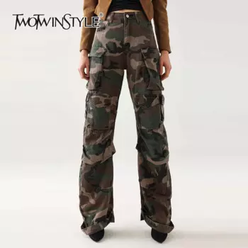 Женские джинсы с карманами TWOTWINSTYLE, камуфляжные брюки с высокой талией и карманами