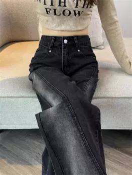 Женские джинсы с широкими штанинами, черные прямые джинсы с градиентом и высокой талией