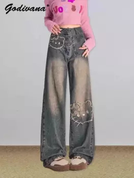 Женские джинсы с широкими штанинами Sanrio, Hello Kitty, летняя одежда 2024, Новая Модная приталенная одежда с принтом и высокой талией, элегантные брюки с начесом