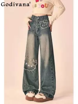 Женские джинсы с широкими штанинами Sanrio, Hello Kitty, осенняя одежда 2024, Новая Модная приталенная одежда с принтом и высокой талией, элегантные брюки с начесом