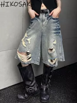 Женские джинсы с вырезами, прямые свободные брюки с высокой талией и широкими штанинами, Y2k