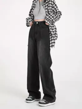 Женские джинсы с завышенной талией, черные винтажные прямые длинные мешковатые брюки с широкими штанинами