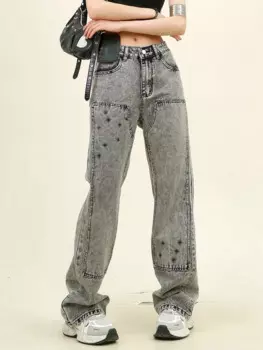 Женские джинсы со звездами, Новинка лета 2024, универсальные прямые уличные ретро джинсы с высокой талией