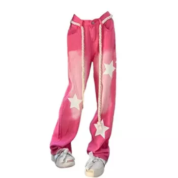 Женские джинсы со звездами в американском ретро стиле, летние тонкие свободные прямые брюки, Y2k, гранж, широкие брюки с высокой талией и кулиской, 2024