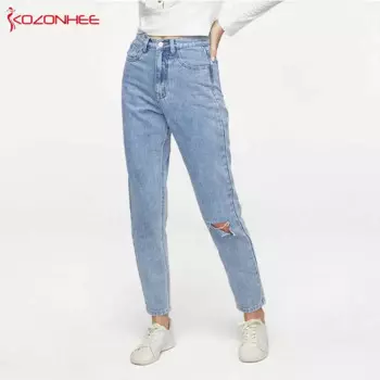 Женские джинсы свободного покроя с дырками размера плюс, прямые неэластичные джинсы с высокой талией, большие размеры #81