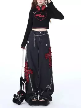 Женские джинсы в американском стиле Y2K, уличная мода с дырками, женские джинсы, повседневные свободные узкие прямые брюки с высокой талией, женские шикарные