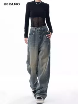 Женские джинсы в стиле High Street, широкие мешковатые брюки из денима, Модные Винтажные повседневные брюки в Корейском стиле с высокой талией, синие прямые джинсы Y2K 2000s