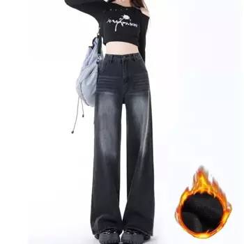 Женские джинсы в стиле ретро, осенне-зимние утепленные бархатные темно-серые джинсовые брюки, прямые брюки с высокой талией, теплая одежда Y2k