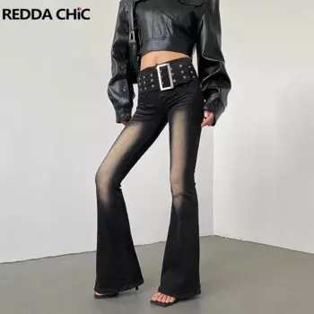 Женские джинсы в стиле ретро REDDACHiC, черные и синие расклешенные брюки в стиле 90-х с эффектом потертости, облегающие брюки с высокой талией и поясом, Y2k