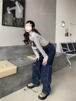 Женские джинсы Y2K, новые нишевые свободные узкие джинсы с широкими штанинами и дырками для женщин, повседневные Прямые брюки с завышенной талией Pa