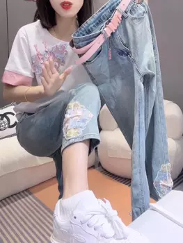 Женские джинсы Y2k, новые прямые женские джинсы в китайском стиле, новинка 2024, брюки большого размера, Стрейчевые женские джинсы с высокой талией