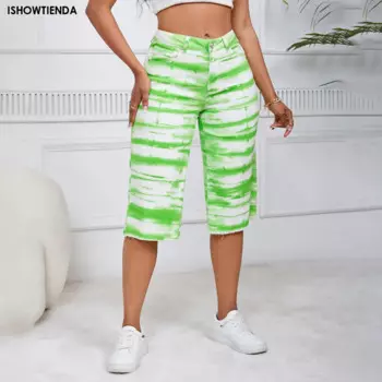 Женские джинсы, зеленые джинсовые брюки, женские укороченные брюки, узкие джинсы до колен, женские эластичные джинсы с высокой талией, джинсы оверсайз для мамы