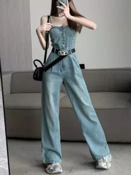 Женские джинсы, женские брюки без рукавов, облегающие модные женские брюки в Корейском стиле, длинные плиссированные брюки с широкими штанинами