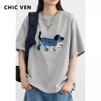 Женские футболки CHIC VEN, повседневные футболки с круглым вырезом и короткими рукавами с вышивкой собак, свободные забавные хлопковые топы, женская одежда, новинка лета 2024 г.