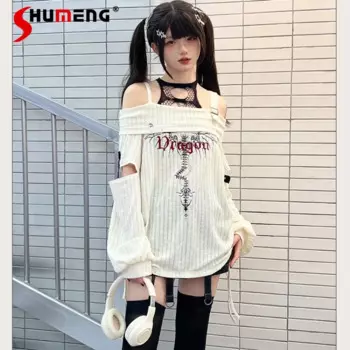 Женские футболки Kawaii в японском стиле, темно-азиатская культура, вышитые заклепки, свободный трикотаж с длинными рукавами и открытыми плечами, футболка