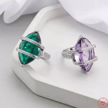 Женские и мужские кольца из серебра S925 пробы, новые модные регулируемые кольца с ромбовидным аметистом или зеленым цирконием и полым дизайном
