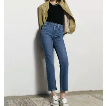 Женские Эластичные прямые укороченные джинсы темно-синего цвета с высокой талией