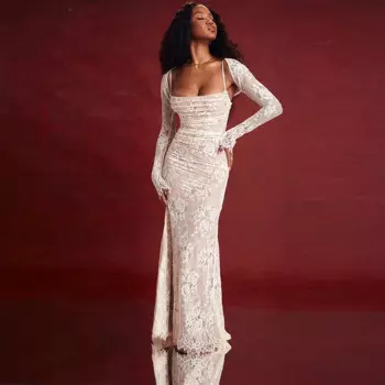 Женские Элегантные платья, кружевное платье-шаль, длинное вечернее платье из двух предметов, высококачественное сексуальное кружевное платье с длинным рукавом, новинка 2024