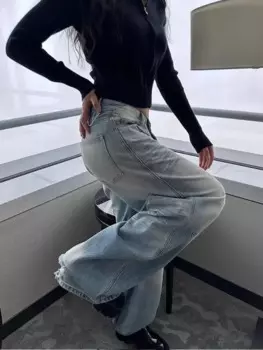 Женские классические джинсы светильник Blue с прямыми штанинами, осенние базовые облегающие повседневные Модные минималистичные джинсы в стиле ретро с завышенной талией