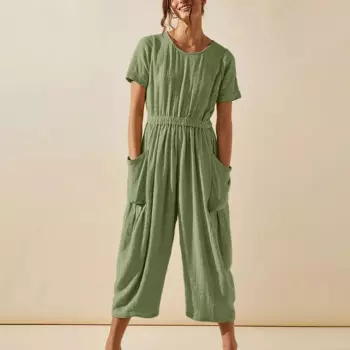 Женские комбинезоны из хлопка и льна, Модные Удобные однотонные комбинезоны с круглым вырезом и коротким рукавом, Свободные Комбинезоны с широкими штанинами и карманами