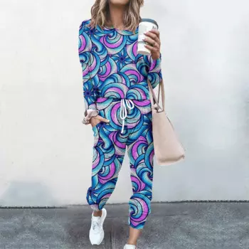Женские комплекты из 2 предметов, пуловеры с длинным рукавом и принтом, Женские топы и брюки с эластичным поясом, повседневный уличный спортивный костюм 2021