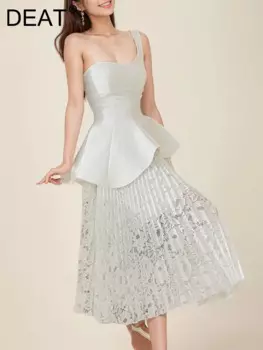 Женские комплекты из двух предметов DEAT, Асимметричный топ на одно плечо без рукавов, кружевная ажурная юбка, женские костюмы, лето 2024, 15C51