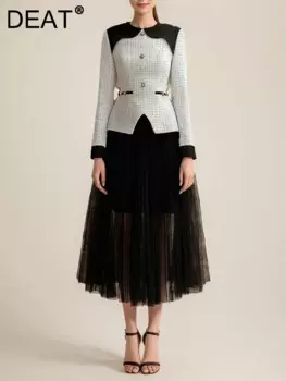 Женские комплекты из двух предметов DEAT, топ контрастных цветов с круглым вырезом и длинным рукавом, юбка, женские костюмы, осень 2024, 15C162