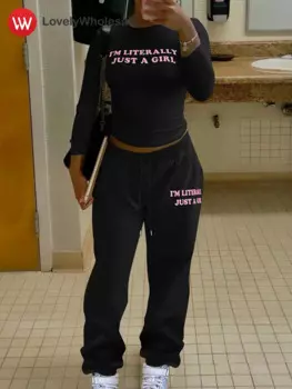 Женские комплекты из двух предметов с буквенным принтом LW, осень-зима 2023, базовые футболки с длинными рукавами, повседневные комплекты брюк, женский спортивный костюм