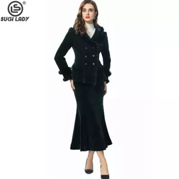 Женские комплекты из двух предметов, юбка с отложным воротником и длинными рукавами, модные костюмы из двух предметов, размеры до 4XL