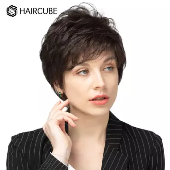 Женские короткие парики HAIRCUBE темно-коричневого цвета, волнистые парики с вырезами фея, 30% натуральные волосы, парики из смешанного синтетического волокна, Женский Повседневный парик для косплея