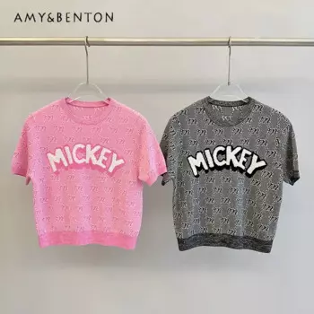 Женские короткие топы, футболки, летняя новинка, тонкая трикотажная одежда с вышитыми буквами и блестками, футболка с коротким рукавом, пуловеры, футболки