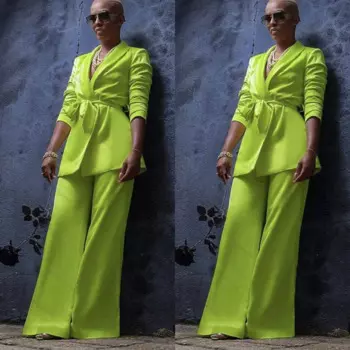 Женские костюмы из 2 предметов зеленого цвета с отложным воротником и шнуровкой, элегантные брюки с широкими штанинами, Повседневное платье