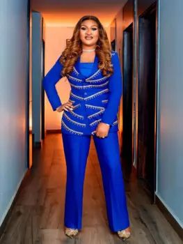 Женские костюмы, комплект из 2 предметов, пиджак, брюки, смокинг с остроконечными лацканами, однобортный костюм с бриллиантами и бусинами для выпускного вечера, формальный костюм больших размеров Homme