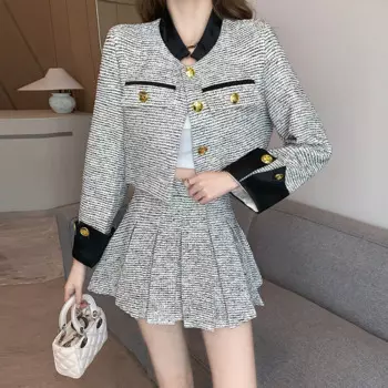 Женские костюмы с юбкой, модные твидовые укороченные пальто, повседневный короткий пиджак, Женский костюм из двух предметов, мини-юбка, женские костюмы