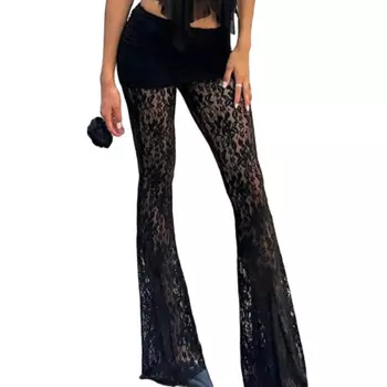 Женские кружевные прозрачные цветочные расклешенные брюки, летние Сексуальные облегающие Клубные брюки, прозрачные длинные брюки с высокой талией, клубная одежда