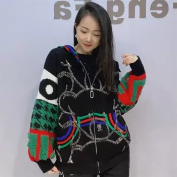 Женские куртки С мультяшным рисунком бриллиантами, повседневные Свободные Лоскутные рукава, кардиган на молнии С Капюшоном, Куртка, Женская Куртка С отделкой юшоном