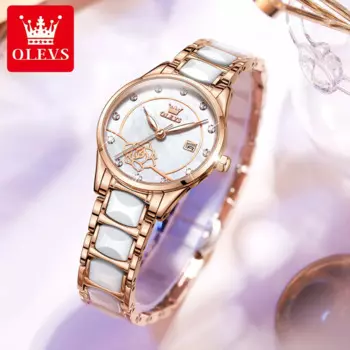 Женские кварцевые часы с керамическим ремешком OLEVS, водонепроницаемые часы с оригинальным механизмом, дизайн камелии, 3606