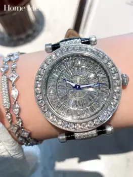 Женские кварцевые часы со стразами, с ремешком из натуральной кожи